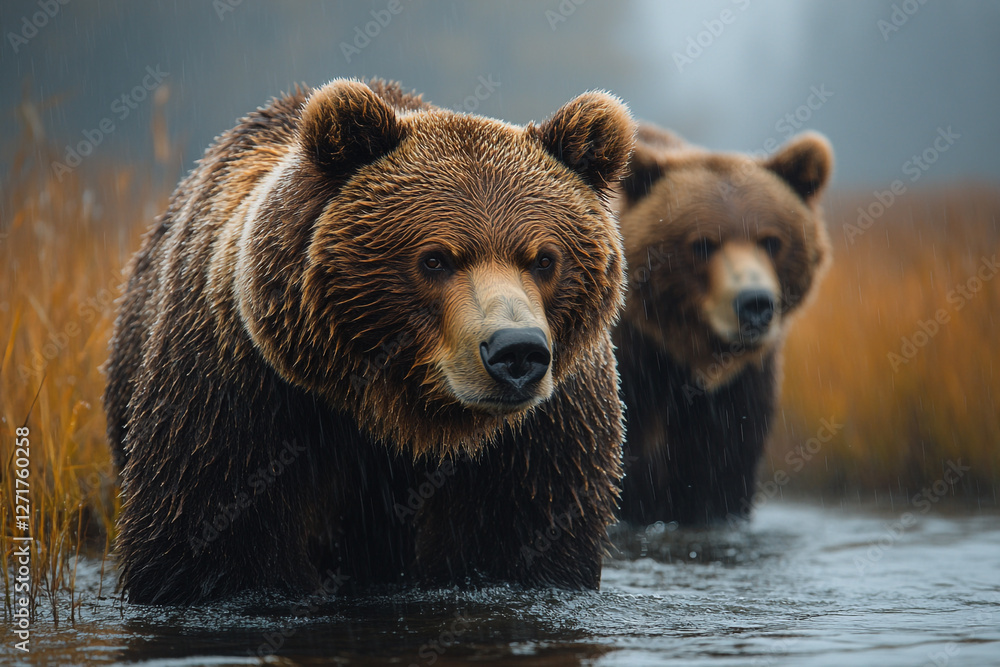 Brown Bear Duo, A Serene Encounter in the Misty Wilderness Brown Bear Duo, A Serene Encounter in the Misty Wilderness