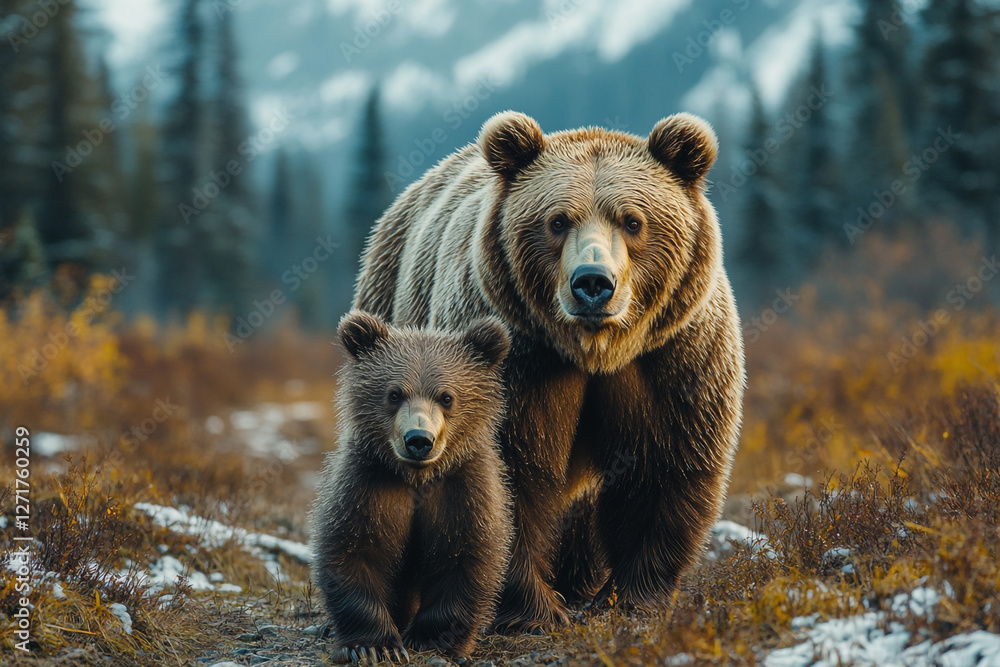 Obraz premium A Tender Moment, Mother Bear and Cub Exploring the Wild Together