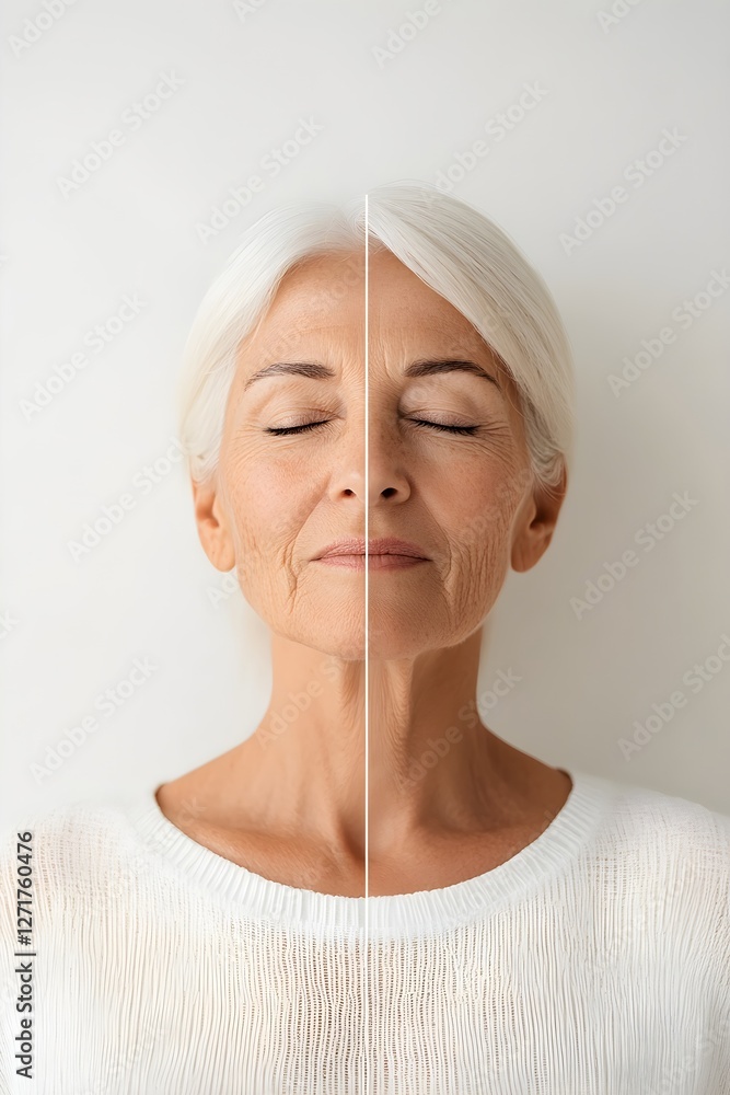 Aging process visualization: Senior woman's face split to show before and after. Concept of anti-aging skincare, dermatology, and cosmetic procedures Aging process visualization: Senior woman's face split to show before and after. Concept of anti-aging skincare, dermatology, and cosmetic procedures