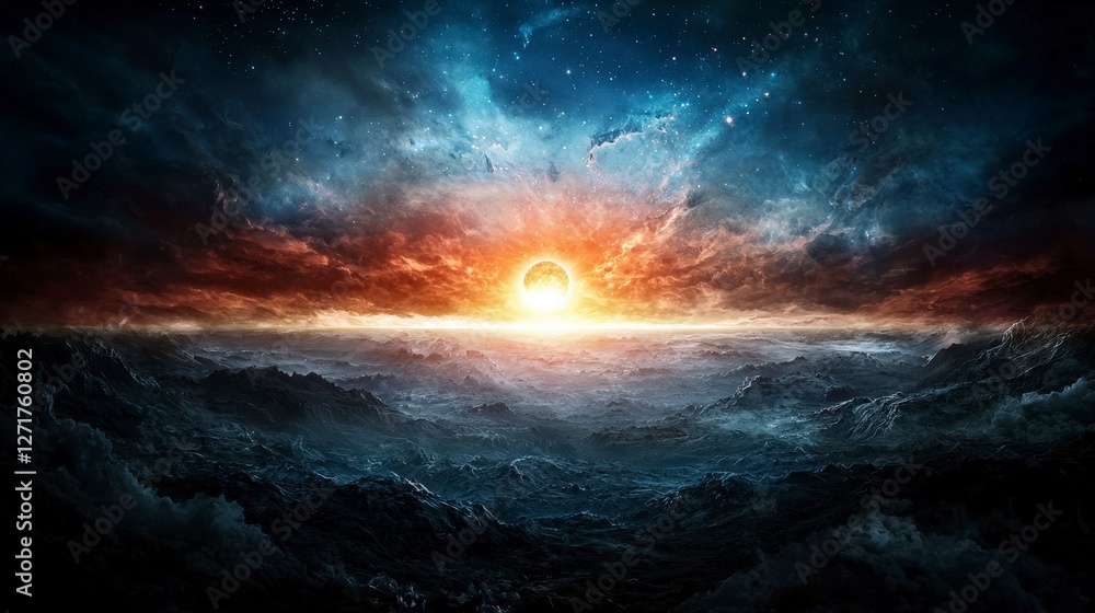 Distant galaxy rising like a sun over mystical landscape cosmic scene dreamy environment surreal view Distant galaxy rising like a sun over mystical landscape cosmic scene dreamy environment surreal view