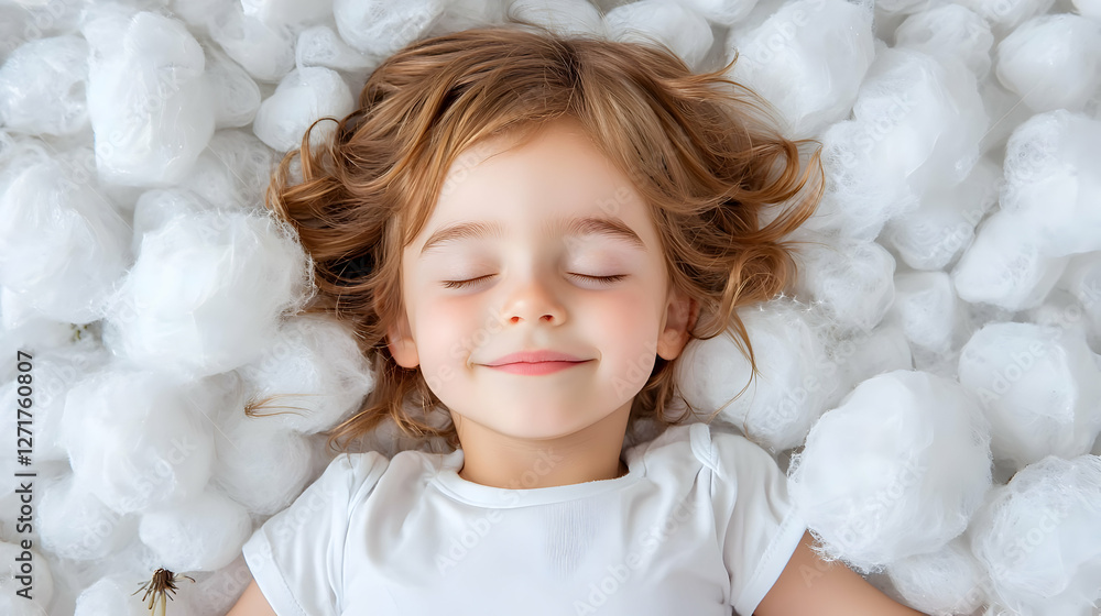 Happy toddler girl sleeps in white balls; peaceful background Happy toddler girl sleeps in white balls; peaceful background