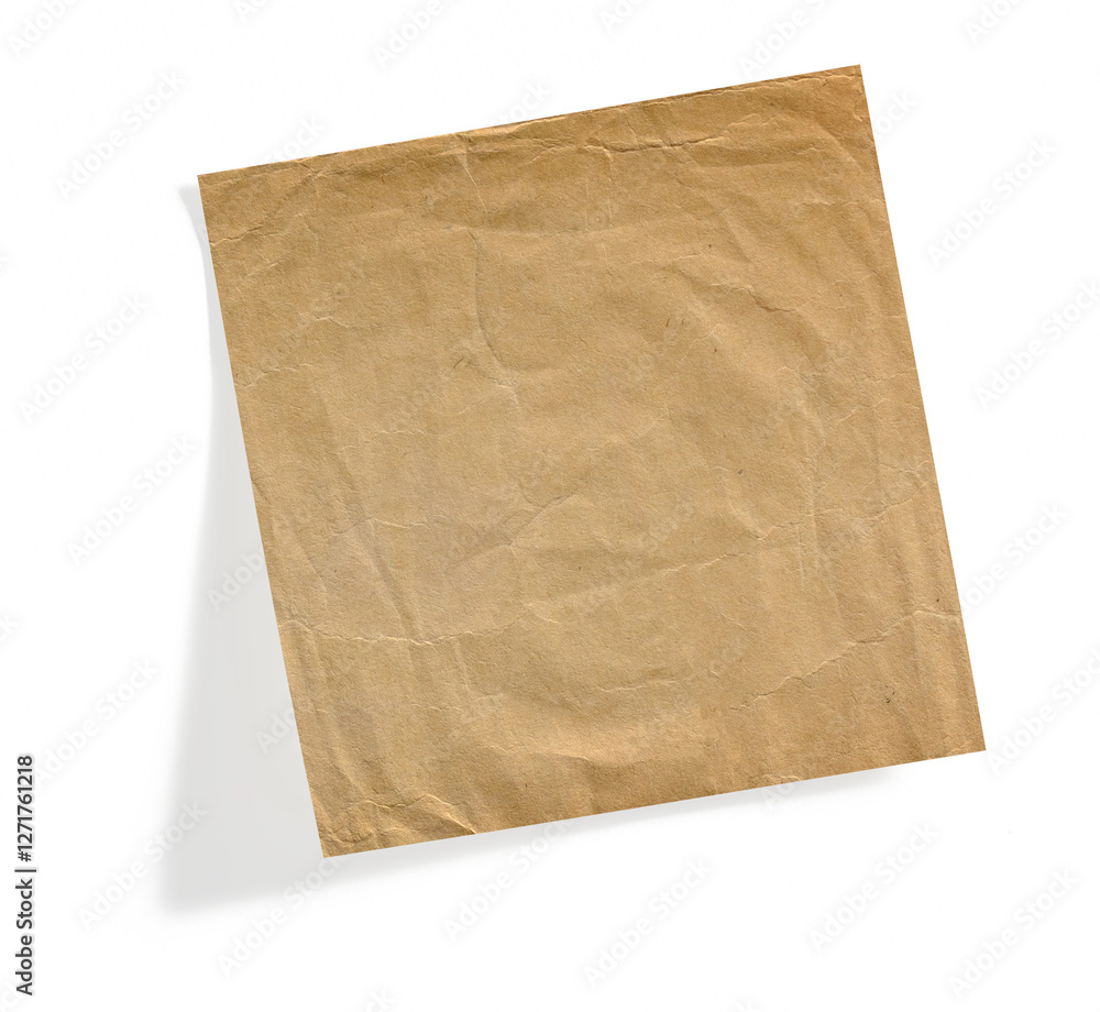 Post it note with crumpled old paper paper surface and shadow on transparent background (png image)