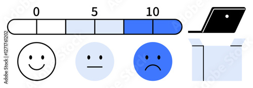 Rating bar from 0 to 10, three different happy faces representing varying satisfaction levels from happy to sad, and a laptop in a box. Ideal for customer feedback, user experience, satisfaction