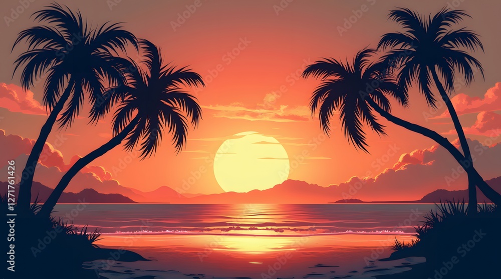 Silhouetted palm trees standing tall on a serene tropical beach at sunset with modern vintage color palette Silhouetted palm trees standing tall on a serene tropical beach at sunset with modern vintage color palette