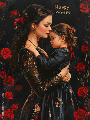 Wallpaper Mural Elegant Mother's Day Illustration – Mother and Child in Traditional Attire, Floral Background, Warm and Loving Embrace Torontodigital.ca