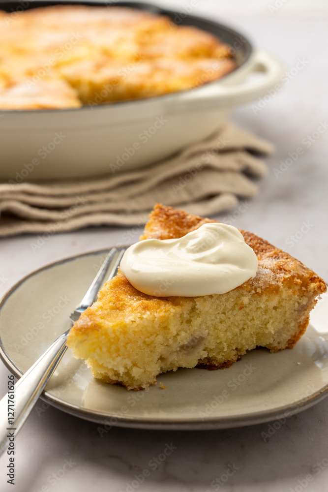 Pear and ginger skillet cake in enameled cast iron skillet Pear and ginger skillet cake in enameled cast iron skillet