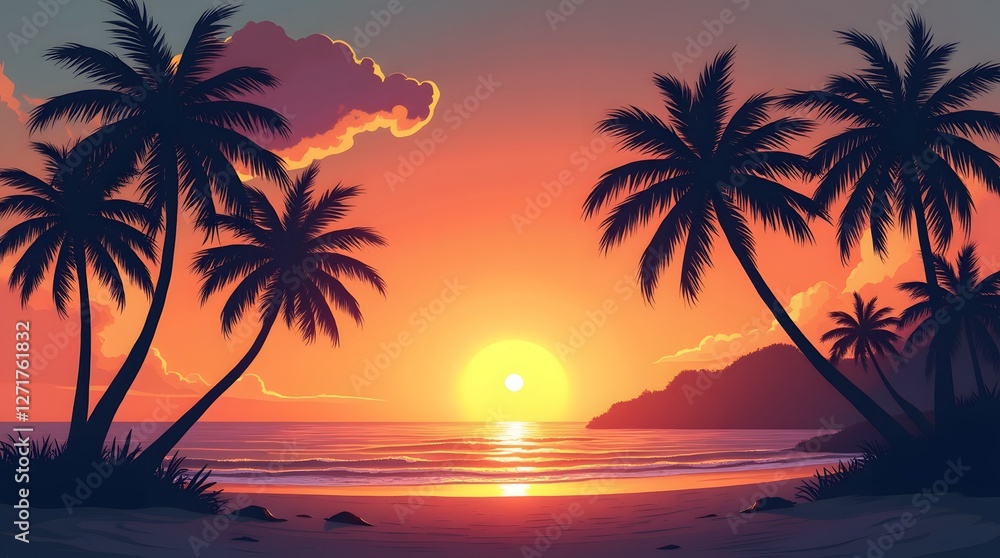 Silhouetted palm trees standing tall on a serene tropical beach at sunset with modern vintage color palette Silhouetted palm trees standing tall on a serene tropical beach at sunset with modern vintage color palette