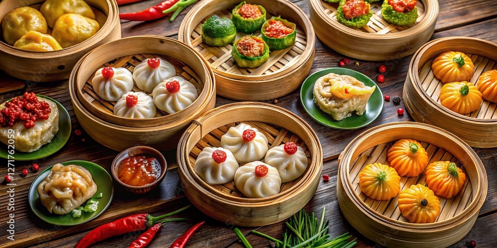 Delicious Dim Sum Variety: Close-Up Top View of Steamed Buns & Dumplings Delicious Dim Sum Variety: Close-Up Top View of Steamed Buns & Dumplings