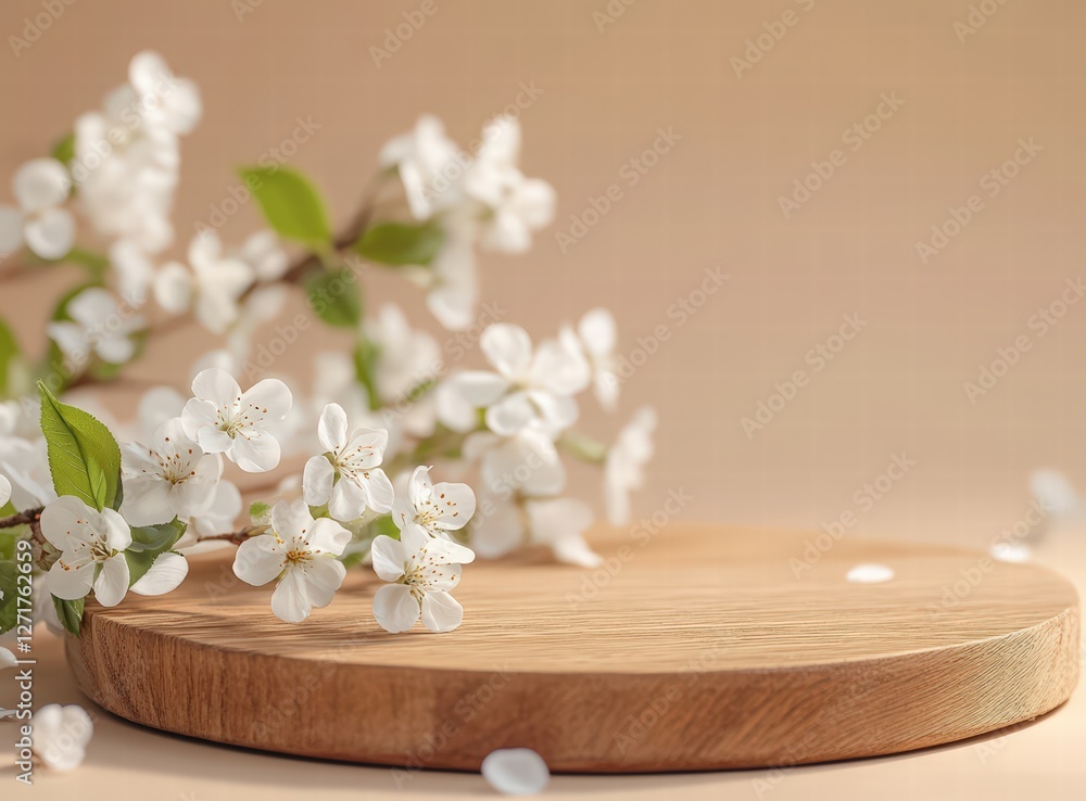 round wooden podium with white spring blossoms on a beige background. mock-up for a product presentation round wooden podium with white spring blossoms on a beige background. mock-up for a product presentation