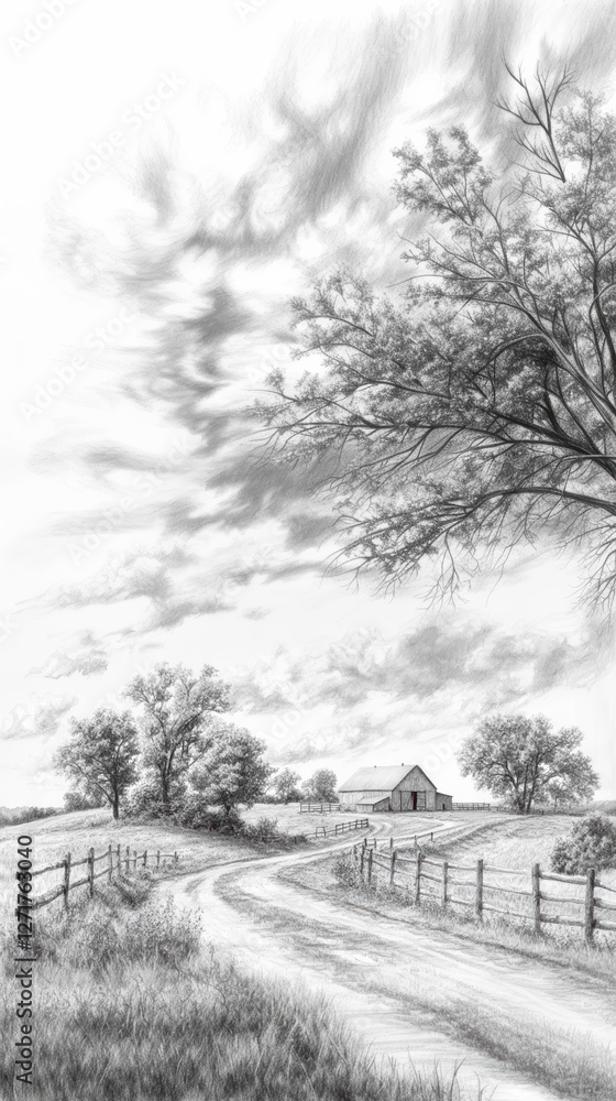 Realistic Pencil Sketch of a Rustic Barn with Country Road and Trees in a Rural Landscape Realistic Pencil Sketch of a Rustic Barn with Country Road and Trees in a Rural Landscape