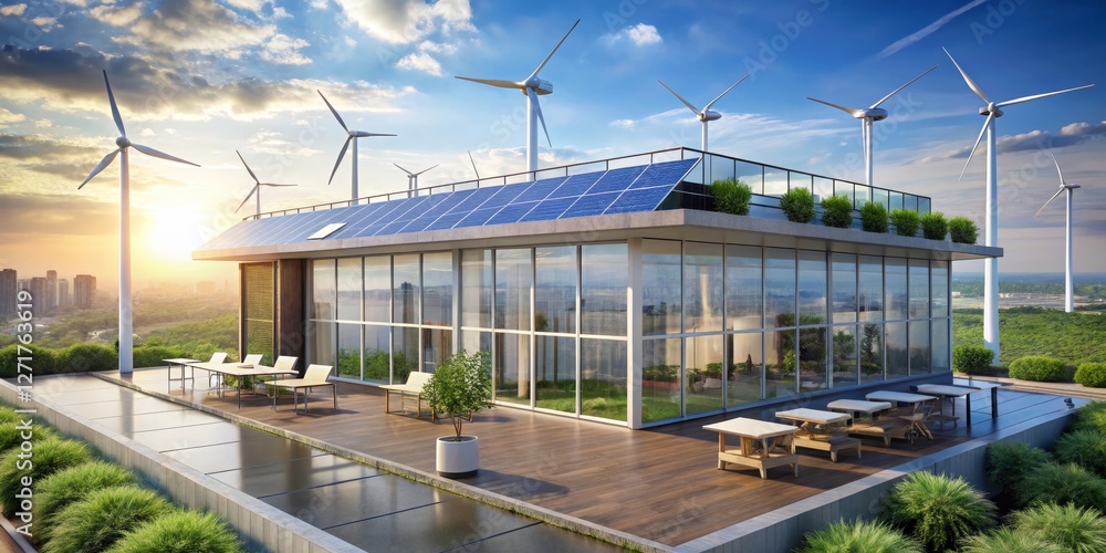 Modern Eco-Friendly House with Solar Panels and Wind Turbines Modern Eco-Friendly House with Solar Panels and Wind Turbines