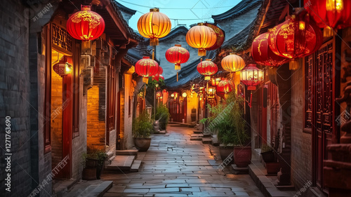 A quiet alley illuminated by rows of hanging red and gold lanterns