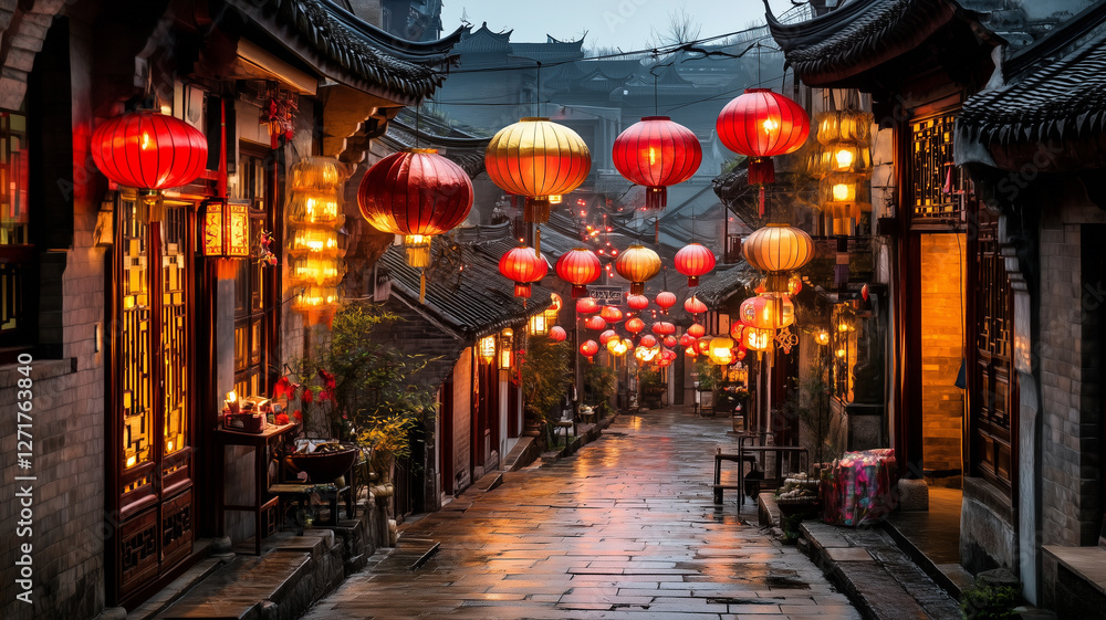 Obraz premium A quiet alley illuminated by rows of hanging red and gold lanterns