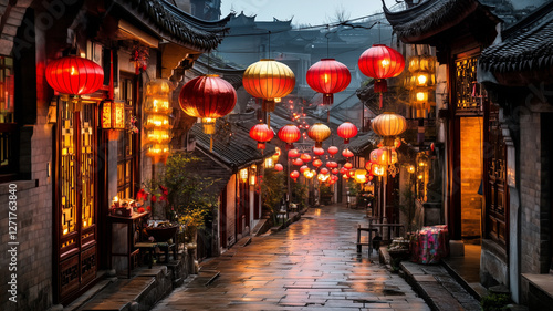 Wallpaper Mural A quiet alley illuminated by rows of hanging red and gold lanterns Torontodigital.ca