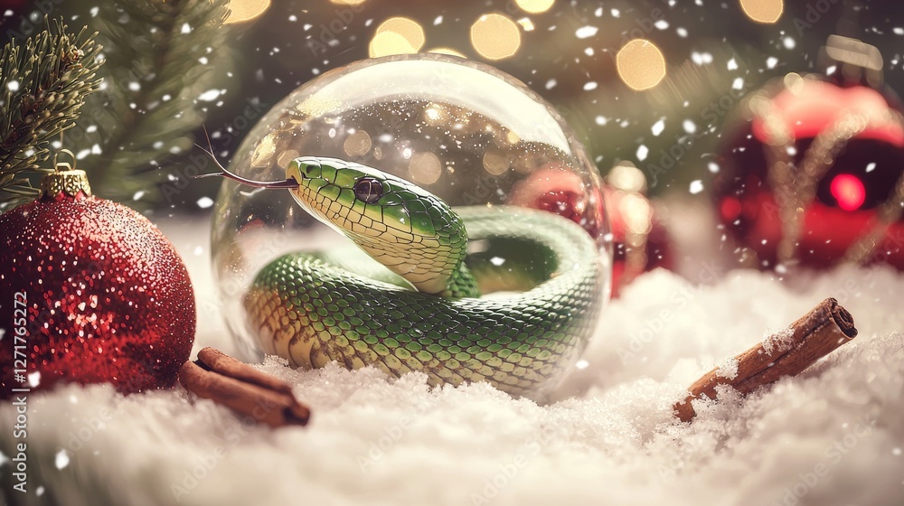 Fototapeta premium As snow fell and festive decorations decorated the landscape, a green snake curled up inside a glass globe