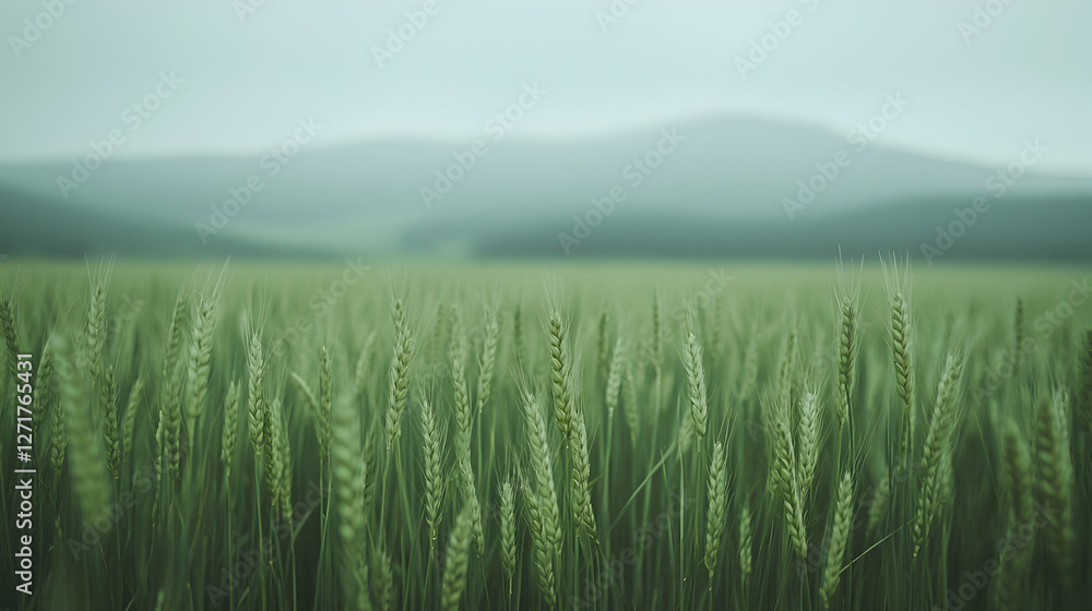 Naklejka premium Green wheat field, misty mountains backdrop, rural landscape, agriculture