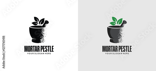 Stone mortar and pestle logo design with leaf symbol