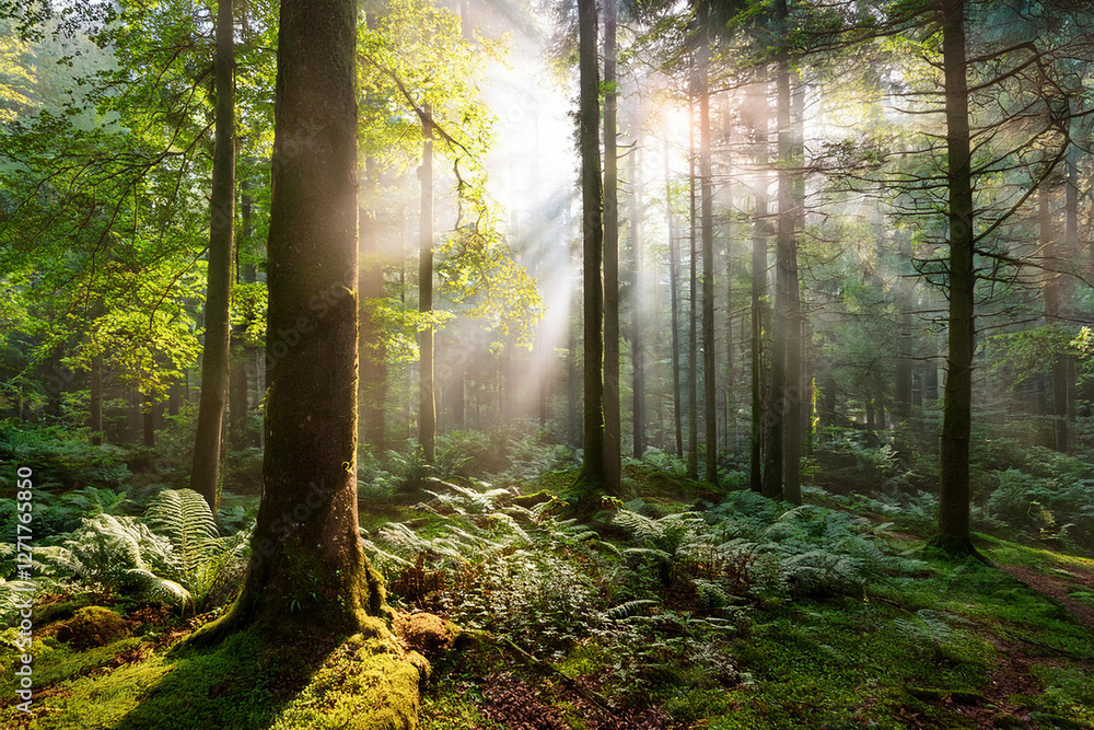 Obraz premium Panoramic landscape, beautiful rays of sunlight in a silent green forest. Royalty high-quality free best stock of sunlight shining through the vibrant lush green foliage, dynamic scenery