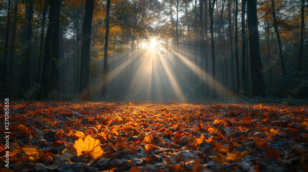 Obraz premium Fall misty morning forest with colorful leaves carpeting the ground and rays of light streaming through trees