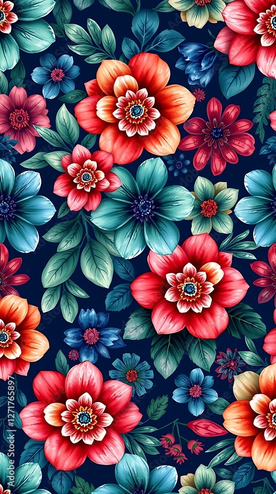 A vibrant seamless pattern featuring intricate floral motifs in a watercolor style, with a dominant palette of deep blues, greens, and reds, arranged in a repeating tessella. A vibrant seamless pattern featuring intricate floral motifs in a watercolor style, with a dominant palette of deep blues, greens, and reds, arranged in a repeating tessella.