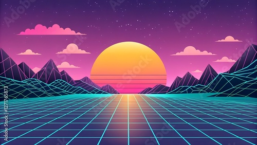 Retro background futuristic landscape 1980s style. Digital retro landscape cyber surface. Retro music album cover template sun, space, mountains. 80s Retro Sci-Fi Background Summer Landscape