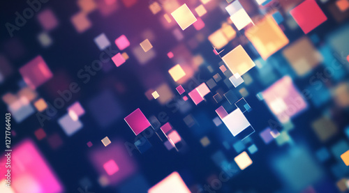 abstract digital background with colorful squares and bokeh lights on a da