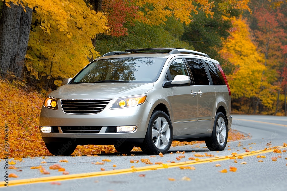 A silver minivan drives along a scenic road bordered by vibrant autumn foliage A silver minivan drives along a scenic road bordered by vibrant autumn foliage