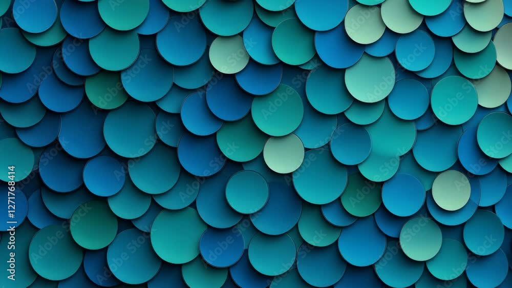 Colorful circular patterns create a vibrant backdrop in mixed shades of blue and green at an event space
