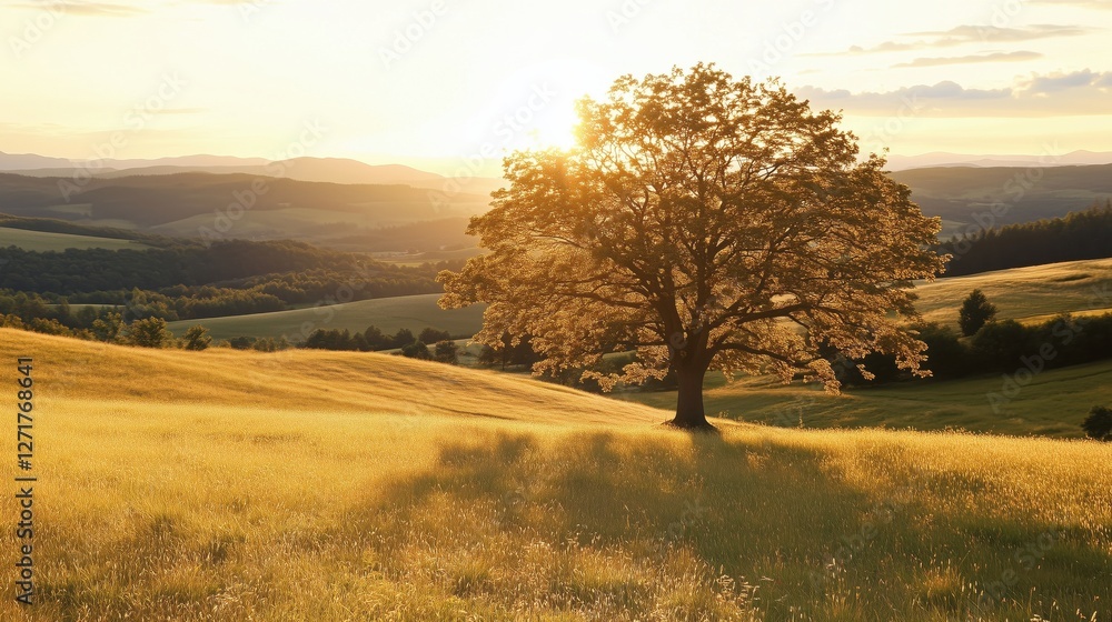 Fototapeta premium A large tree standing alone in a golden field during sunset, with mountains in the background.