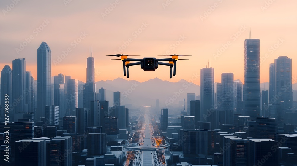 A hyper modern business district with towering glass skyscrapers and hovering drone taxis filling the sky at dusk A hyper modern business district with towering glass skyscrapers and hovering drone taxis filling the sky at dusk