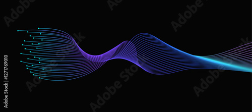 Vector wave dynamic music lines. Blue-violet abstract lines. Sound waves on a black background for your design.