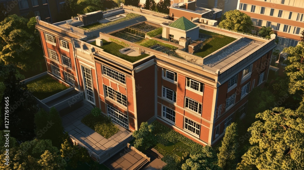 Fototapeta premium Majestic Brick Building with Lush Green Roof Garden - Architectural Masterpiece in Urban Setting