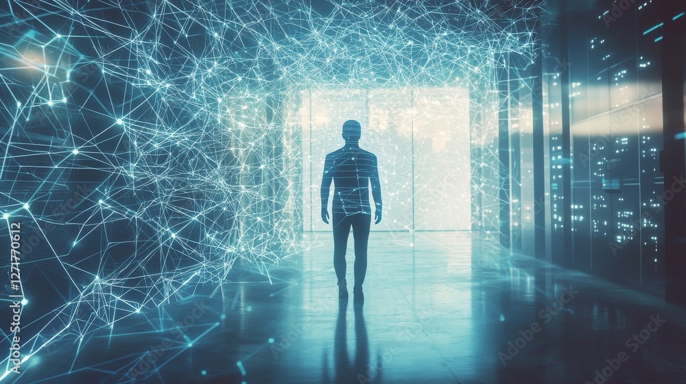 An evening scene shows a person analyzing data in a modern data center with illuminated servers An evening scene shows a person analyzing data in a modern data center with illuminated servers