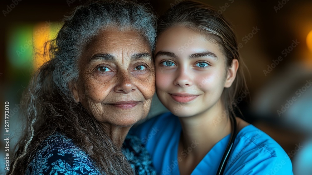 Obraz premium A touching moment between generations as an elderly woman and a young girl share a tender smile