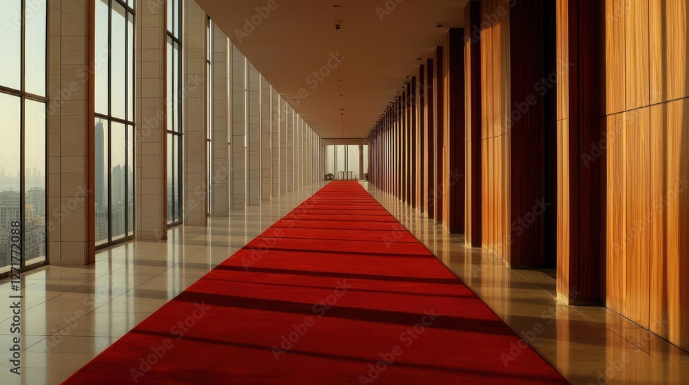 Fototapeta premium Long Red Carpet Hallway in Modern Building with City View