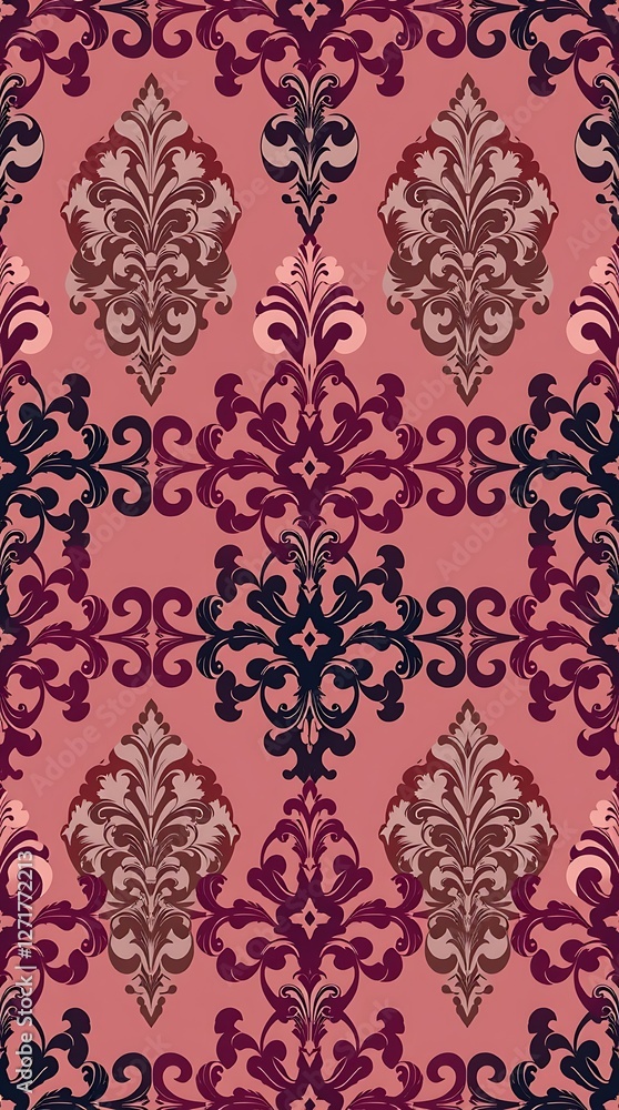 A sophisticated seamless pattern made up of elegant damask designs, rendered in a rich palette of jewel tones, executed in a classic style with intricate details, utilizing . A sophisticated seamless pattern made up of elegant damask designs, rendered in a rich palette of jewel tones, executed in a classic style with intricate details, utilizing .