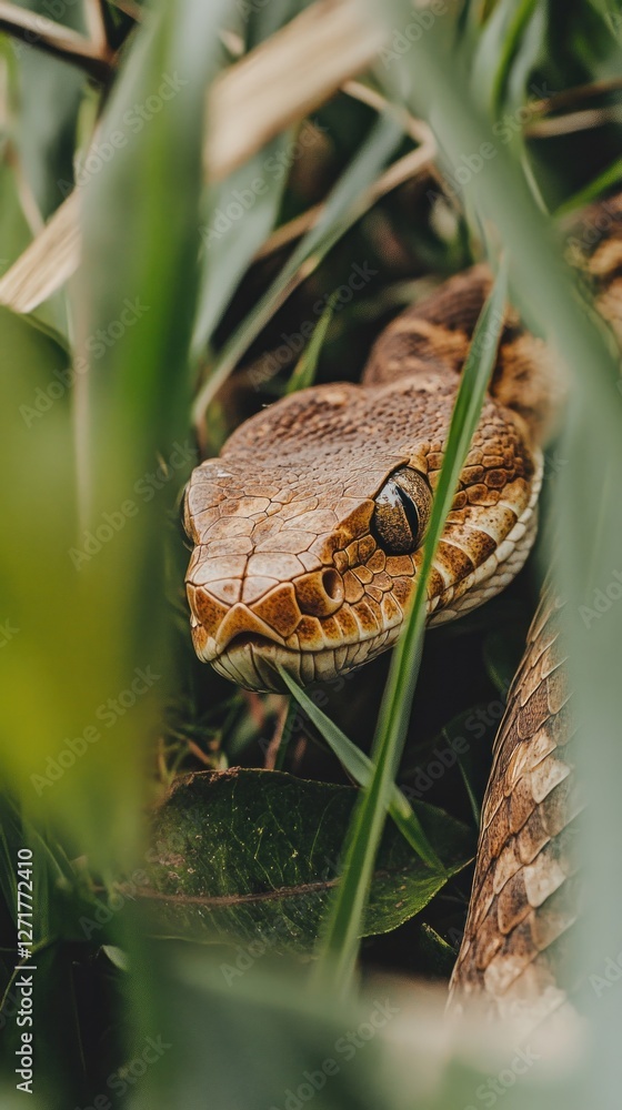 Fototapeta premium Close-up of a camouflaged snake in tall grass.