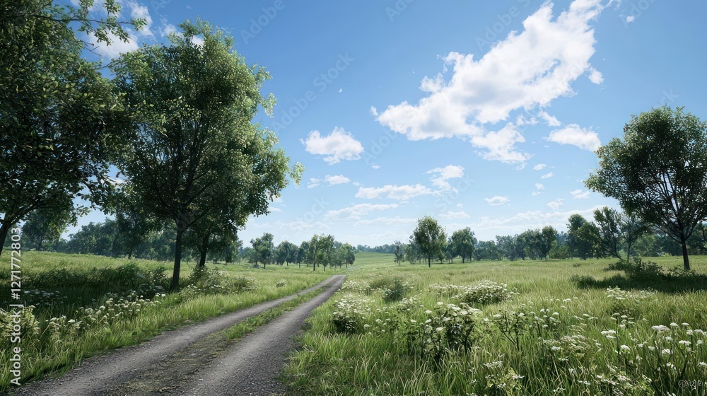 Summer Countryside Landscape: Dirt Road Through a Flowery Field Summer Countryside Landscape: Dirt Road Through a Flowery Field