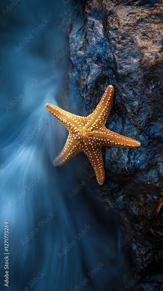 Starfish on dark rock near flowing water. Starfish on dark rock near flowing water.