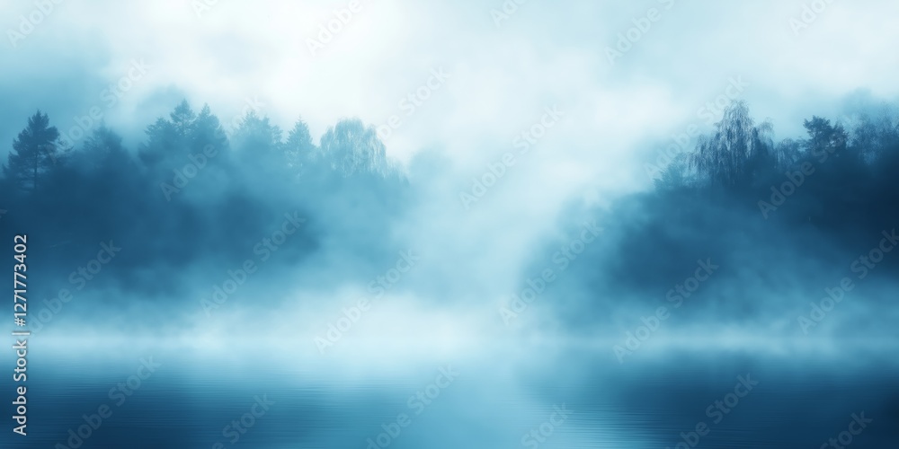 Fototapeta premium Ground-level mist envelops a tranquil landscape in cool blue tones creating a serene and mysterious atmosphere