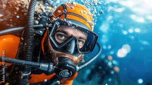Scuba Diver Underwater Exploration in Clear Waters