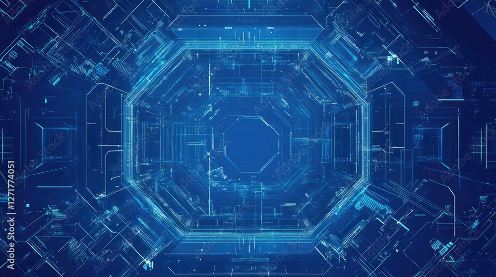 Fototapeta premium Exploration of a futuristic digital landscape featuring hexagonal patterns and glowing blue circuits