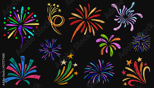 Doodle crayon fireworks. Set of colorful pencil drawn lightning, explosion, sun rays, swirls, firecrackers, sparkles, motion effects. Bursting rays line icon. Vector illustration in kid's style