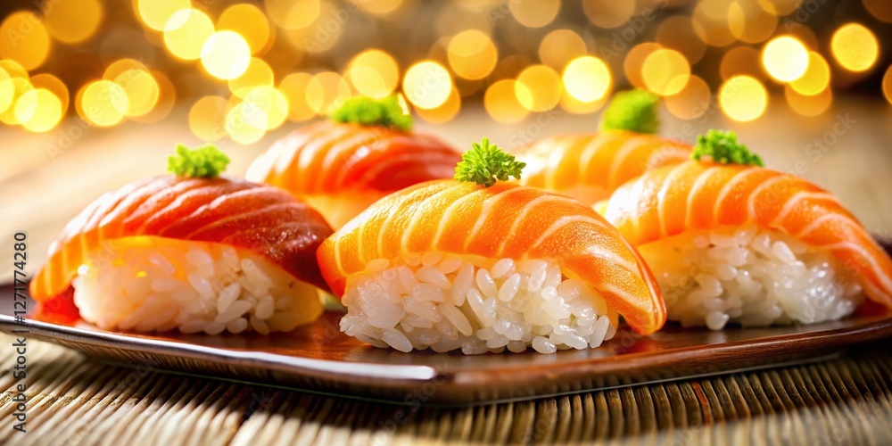 Delicious Salmon Belly Sushi Set with Bokeh Background - Premium Stock Photo Delicious Salmon Belly Sushi Set with Bokeh Background - Premium Stock Photo