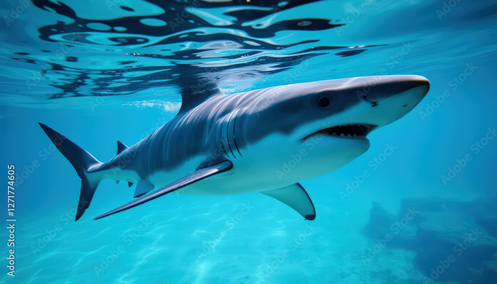 Naklejka premium A big shark swims underwater. 