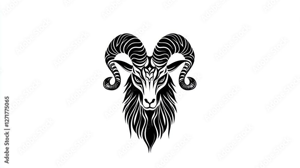 Obraz premium Ornate ram head design; decorative black and white; spiritual; possible use in posters or cards