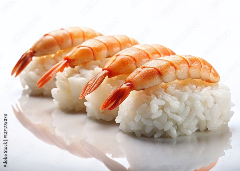 Delicious Shrimp Sushi on White Background - Fresh Seafood Rice Dish Delicious Shrimp Sushi on White Background - Fresh Seafood Rice Dish