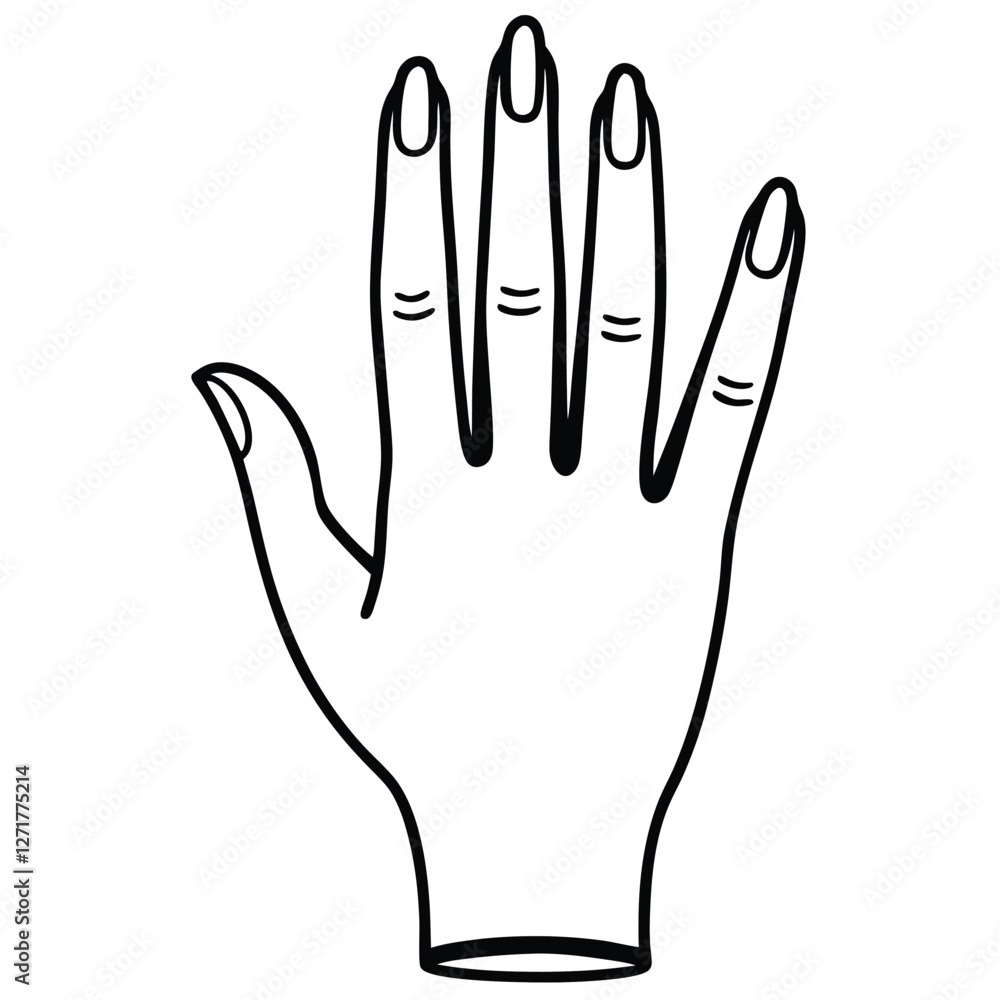black line art illustration of a gracefully posed human hand, isolated on a solid white background 