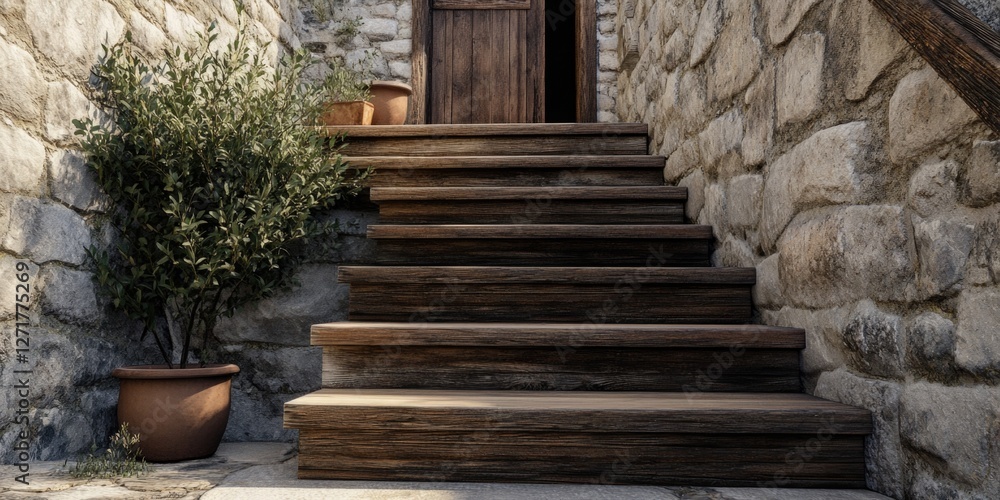 Fototapeta premium Wooden Staircase Leading Up to Stone Building