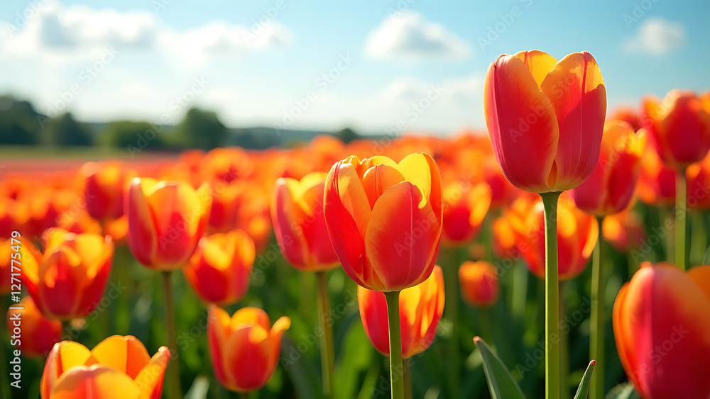 Obraz premium Vibrant tulip fields in full bloom under a clear sky.